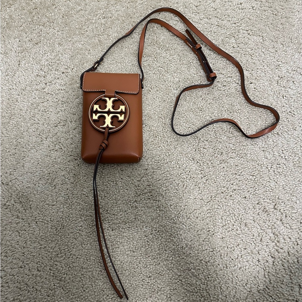 Tory‎ Burch Miller Metal Phone Crossbody Purse Bag in Aged Camello Leather EUC